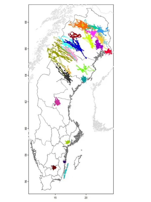 Karta över Sverige där projekt är märkta i olika färger.