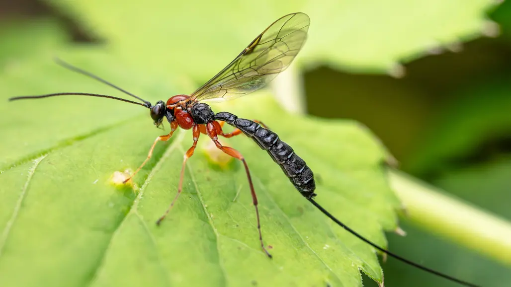 Röd stekel med svart huvud och svart stjärt sitter på grönt blad. Foto