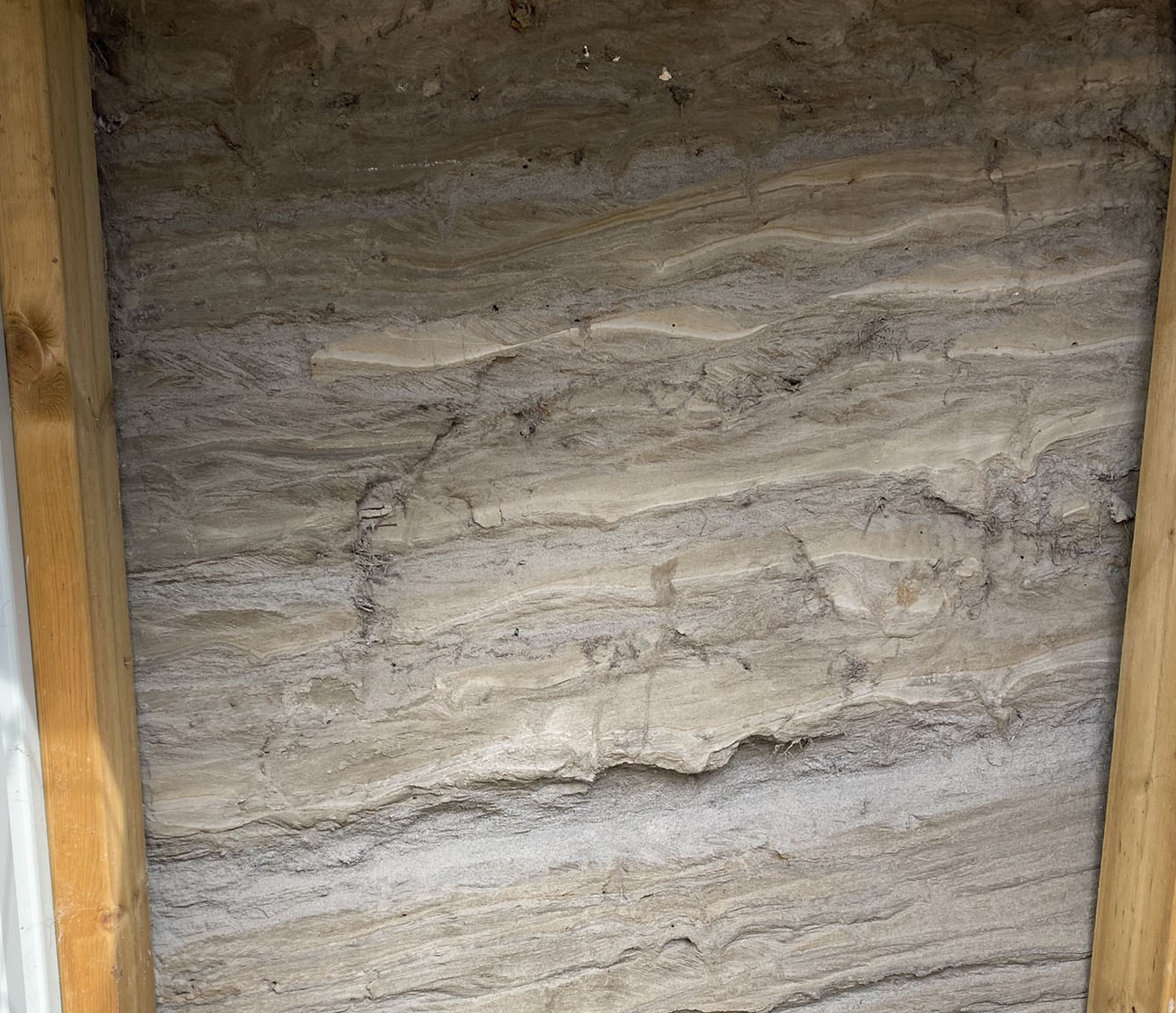 Ett snitt har skurits ur en ås. Snittet visar varvig lera i olika grå nyanser.