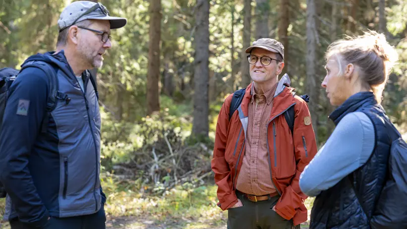 Three people talk to each other during a visit to the forest.