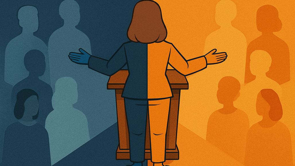 Illustration av en talare vid ett podium som är tudelad i orange och blått. Åt ena sidan talar hon mot en blå publik, åt andra sidan en orange.