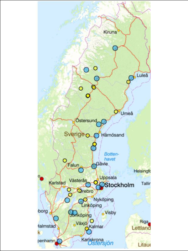 Karta över Sverige med prickar i olika färger spridda över landet.