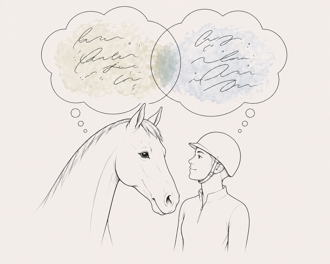 Illustration of a human with a raiding helmet next to a horse, both human and the horse have thought bubbles above their heads