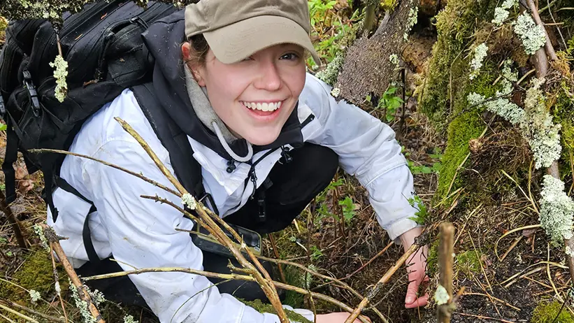 En person med vit jacka, svart ryggsäck och beige keps hukar i ett skogsområde. Runt omkring finns mossbeklädda stenar, grenar med lav och olika gröna växter. Personen verkar undersöka eller plocka något från marken. Foto.