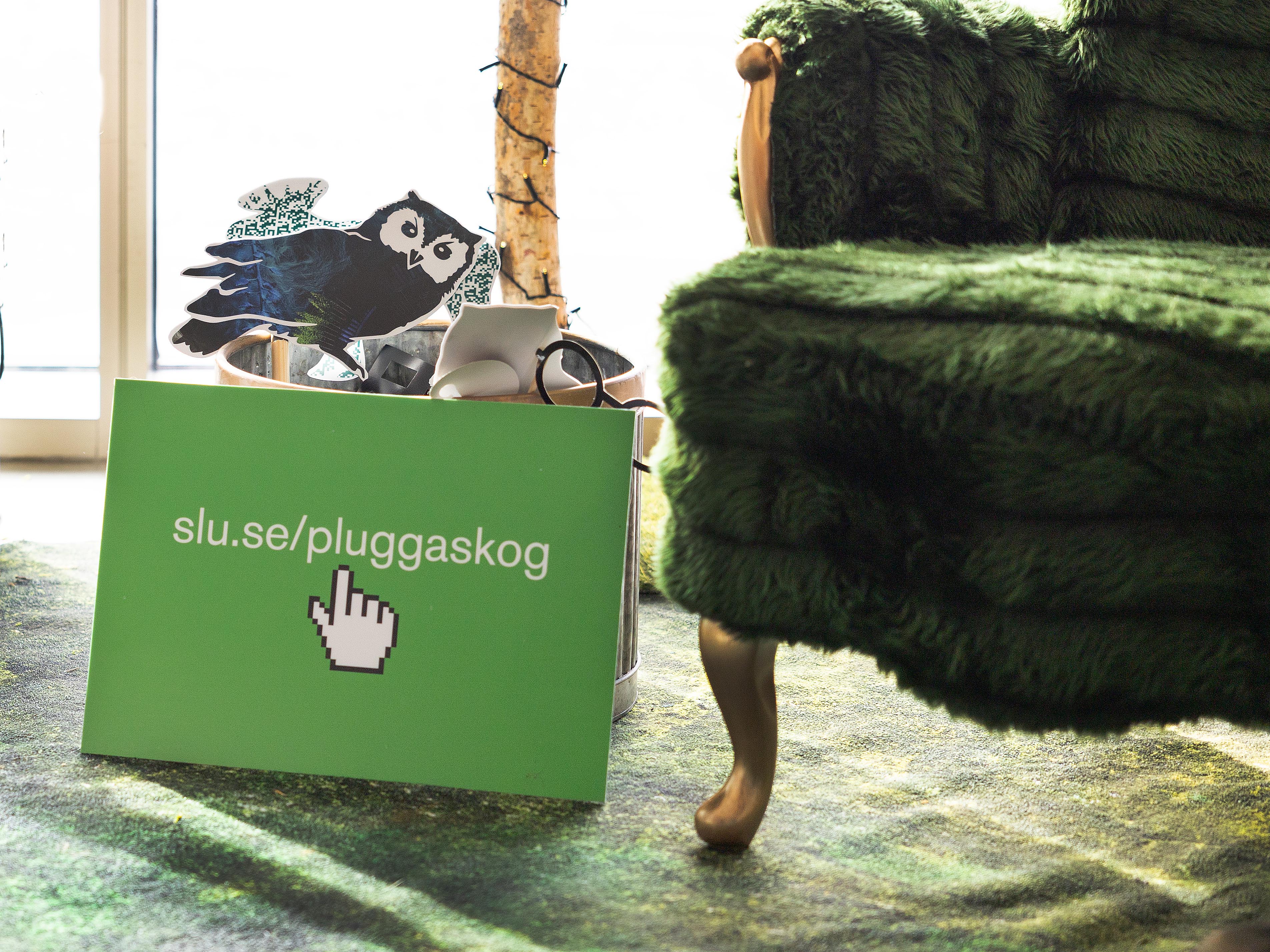 En grön skylt med texten ”slu.se/pluggaskog” och en pekhandsikon står på golvet i en inomhusmiljö med grön matta. På skylten sitter en liten figur av en fågel, och bredvid finns en grön, mjuk fåtölj samt dekorationer som ger ett naturinspirerat intryck. Foto.
