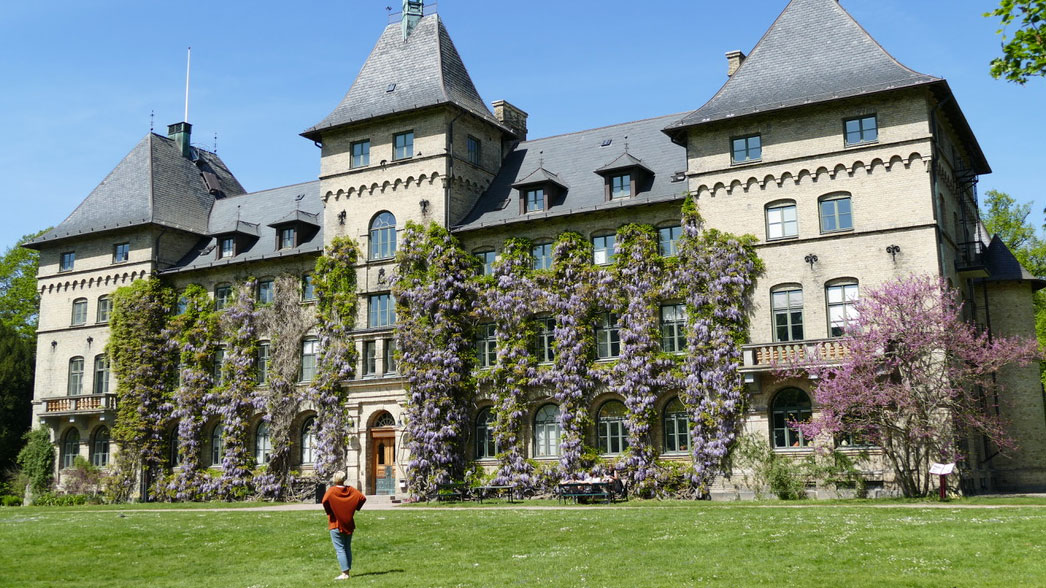 Slott med grön gräsmatta framför