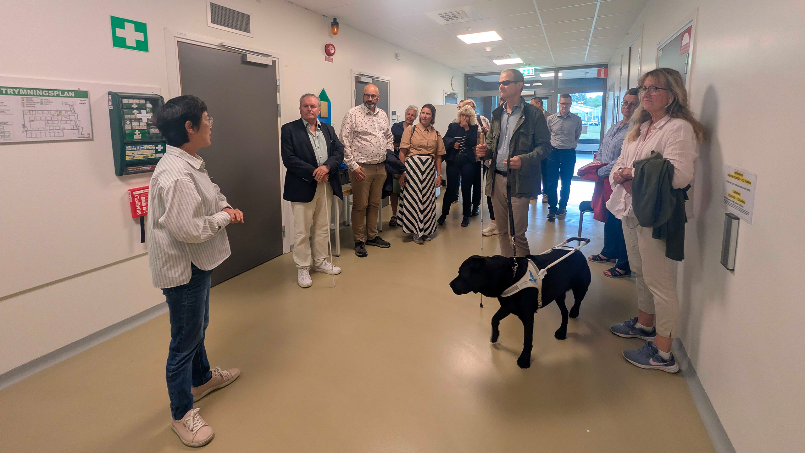 Tolv personer och en ledarhund står och lyssnar på en person i en korridor.