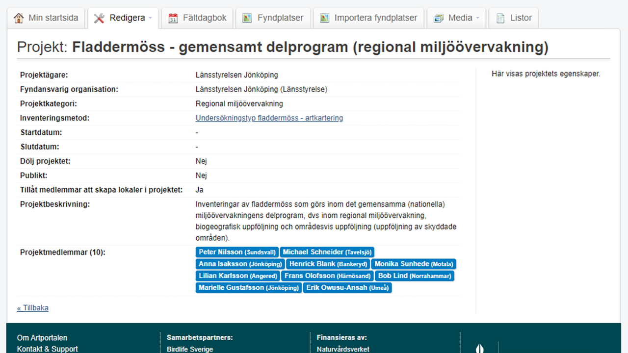 Skärmklipp från Artportalen som visar hur projektinformationen ser ut
