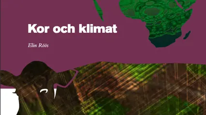 Framsidebild av rapport om kor och klimat, lila bakgrund med en stiliserad ko.