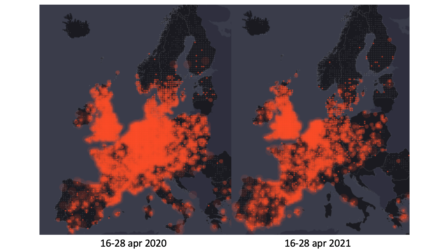 Europakarta som liknar värmekarta med mer och mindre koncentrerade områden. Centrala Europa samt Storbritanien visar hög koncentration. Karta