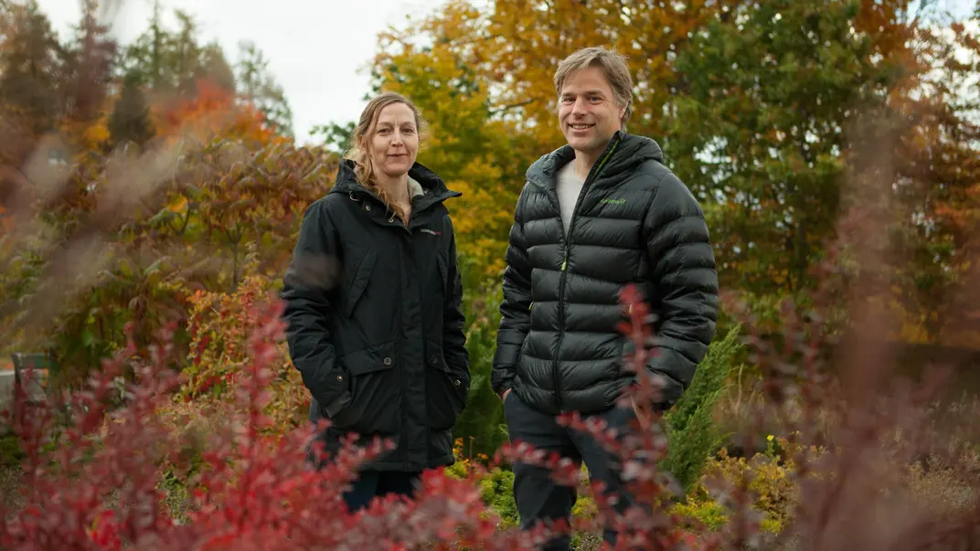 Two people standing in a forest. Photo.