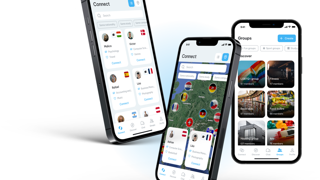 Screenshot of the Goin’ app on three phones. One shows student profiles to connect with, one shows a map with users, and one shows groups like book club, fitness, and food lovers.