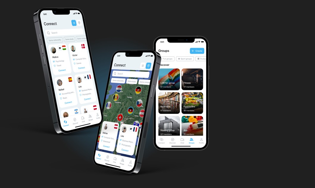Tre mobiltelefoner som visar appen Goin' med profiler, karta med platsmarkörer och olika intressegrupper.