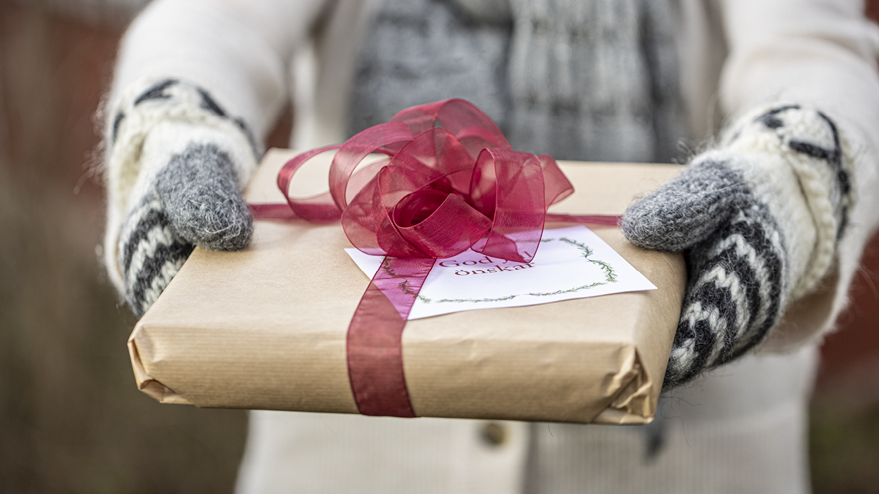 Julklapp hålls fram av person med stickade vantar