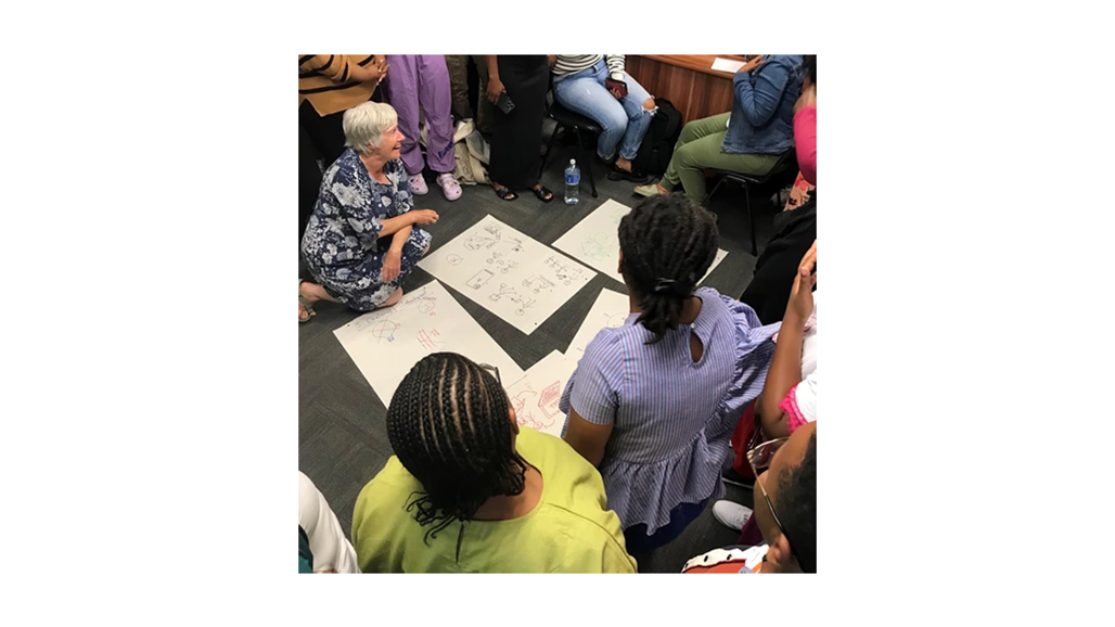 A workshop where people are sitting on the floor around spred-out sheets of paper.