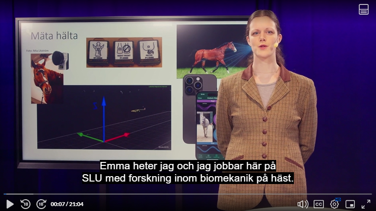 Skärmdump  av en kvinna (Emma Persson-Sjödin, SLU) som föreläser om hästar.