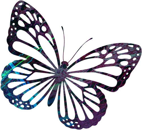 En stiliserad fjäril med utskurna, dekorativa mönster i vingarna. Fjärilens form är fylld med ett färgstarkt, abstrakt mönster i lila, blått, grönt och rosa som liknar iriserande texturer.- Illustration.