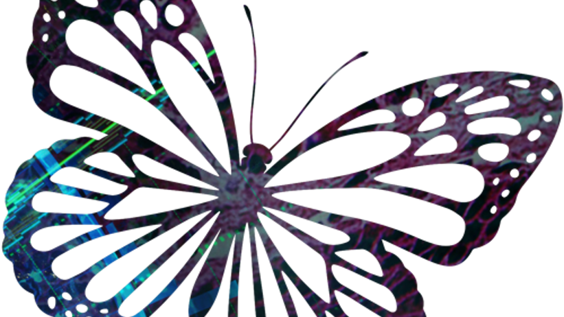 En stiliserad fjäril med utskurna, dekorativa mönster i vingarna. Fjärilens form är fylld med ett färgstarkt, abstrakt mönster i lila, blått, grönt och rosa som liknar iriserande texturer.- Illustration.