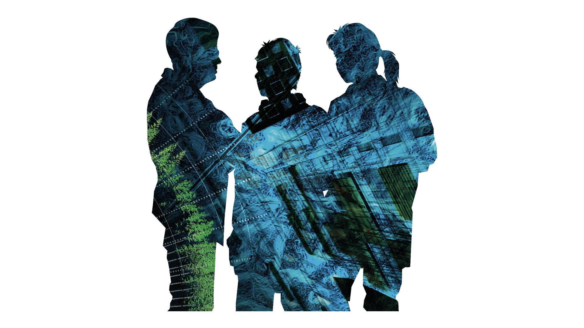 Tre personer avbildade som mörka silhuetter står tätt tillsammans. Silhuetterna är fyllda med ett blågrönt mönster av kretskort och digitala strukturer, och en av personerna håller en rektangulär enhet som liknar en surfplatta. Bilden har en tydlig teknologisk och digital prägel mot vit bakgrund. Illustration.