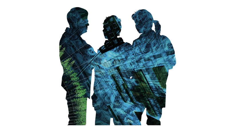 Tre personer avbildade som mörka silhuetter står tätt tillsammans. Silhuetterna är fyllda med ett blågrönt mönster av kretskort och digitala strukturer, och en av personerna håller en rektangulär enhet som liknar en surfplatta. Bilden har en tydlig teknologisk och digital prägel mot vit bakgrund. Illustration.