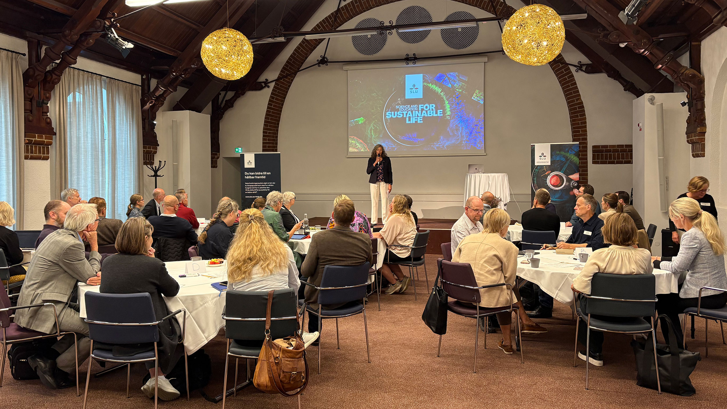 Ett trettiotal deltagare sitter runt runda bord i en konferenssal.