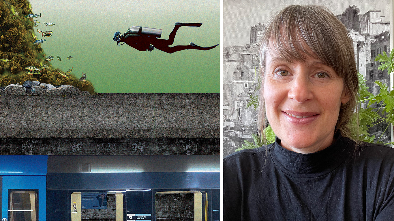 Two-part image of illustration and portrait photo of woman.