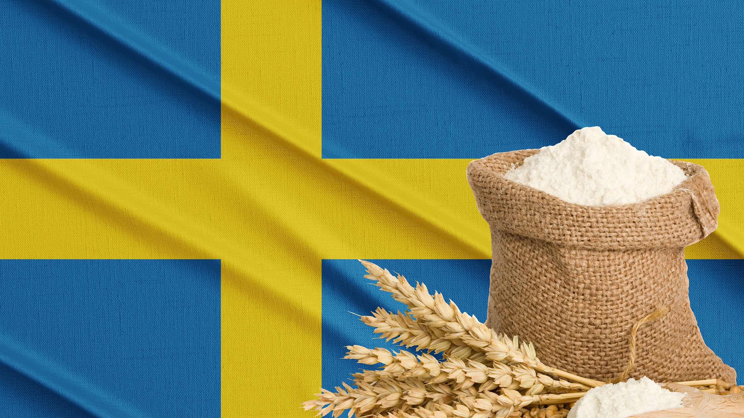 Svenska flaggan, veteax, och en säck med mjöl. Fotocollage.