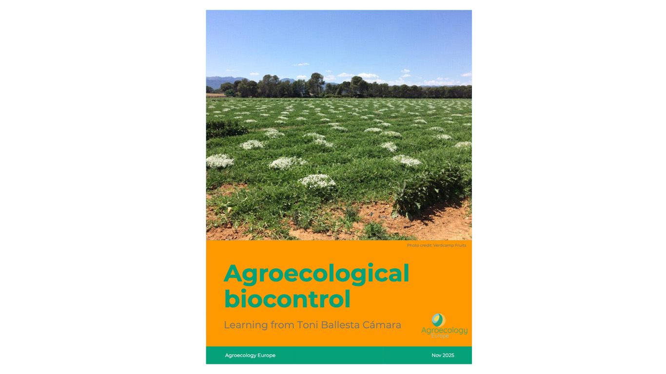 Framsidan av rapporten "Agroecological biocontrol". Ett fält med inslag av blommor.