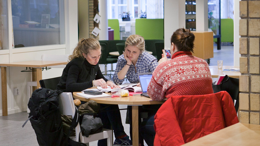 Students talking around a table.