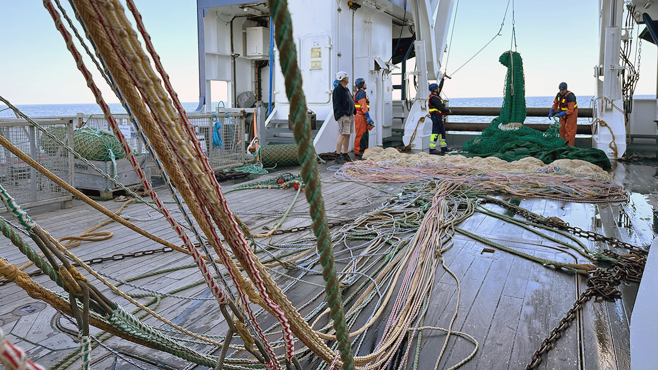 Fyre personer som arbetar med en trål på ett fartyg till havs