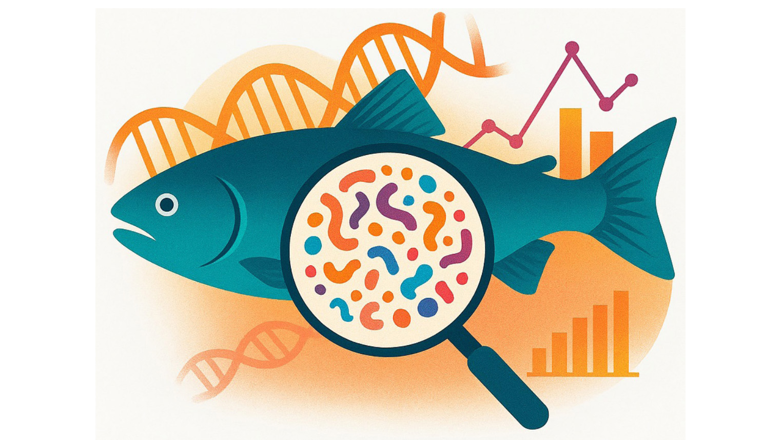 Ritad bild på en fisk med diagram och DNA-spiraler i bakgrunden. Ett förstoringsglas framför fiskens mage som visar ett gäng mikrober. Bilden är skapad med ChatGPT.