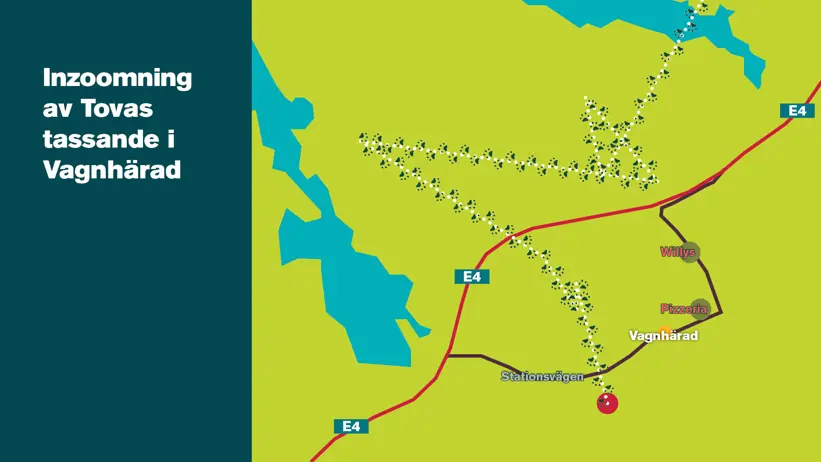 Karta som visar "Tovas tassande" i Vagnhärad, med en markerad rutt av tassavtryck som passerar platser som Willys, en pizzeria och Stationsvägen. Ruttens väg korsar E4:an flera gånger. Kartan har grön bakgrund med blå vattenområden. Illustration.