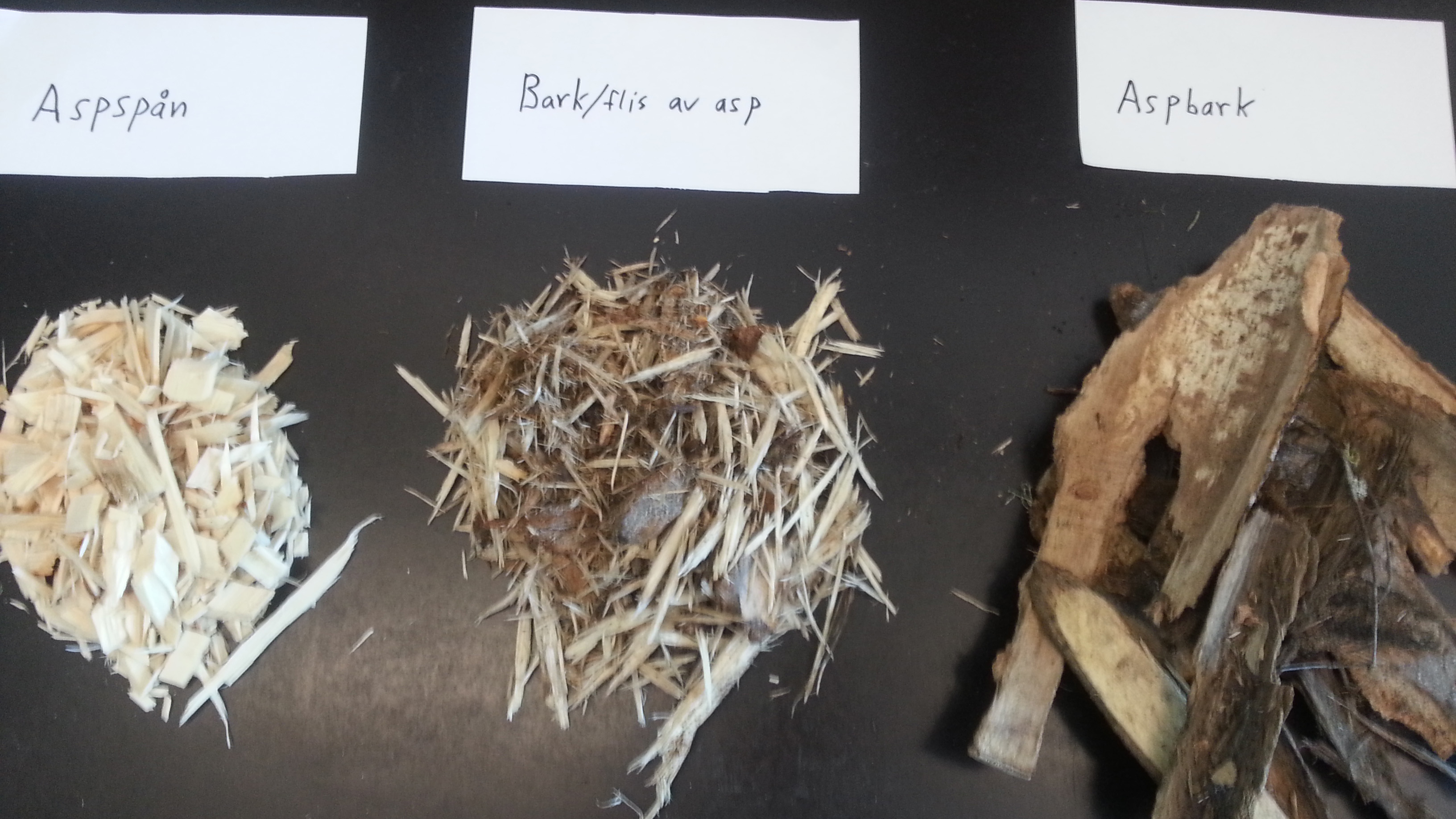 Tre små högar med träbiprodukter, aspspån, bark+flis av asp och aspbark.