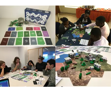 A photo of the board game RECLAIM and two groups of people that play the game.