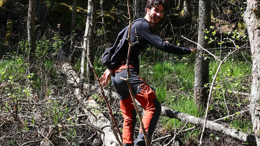 En man rör sig genom ett skogsområde. Han bär en svart långärmad tröja, röda byxor och en svart ryggsäck. Han kliver över nedfallna grenar och stockar medan han håller i en tunn trädgren för balans. Omgivningen består av träd, grön gräsmark och spridd undervegetation. Foto.