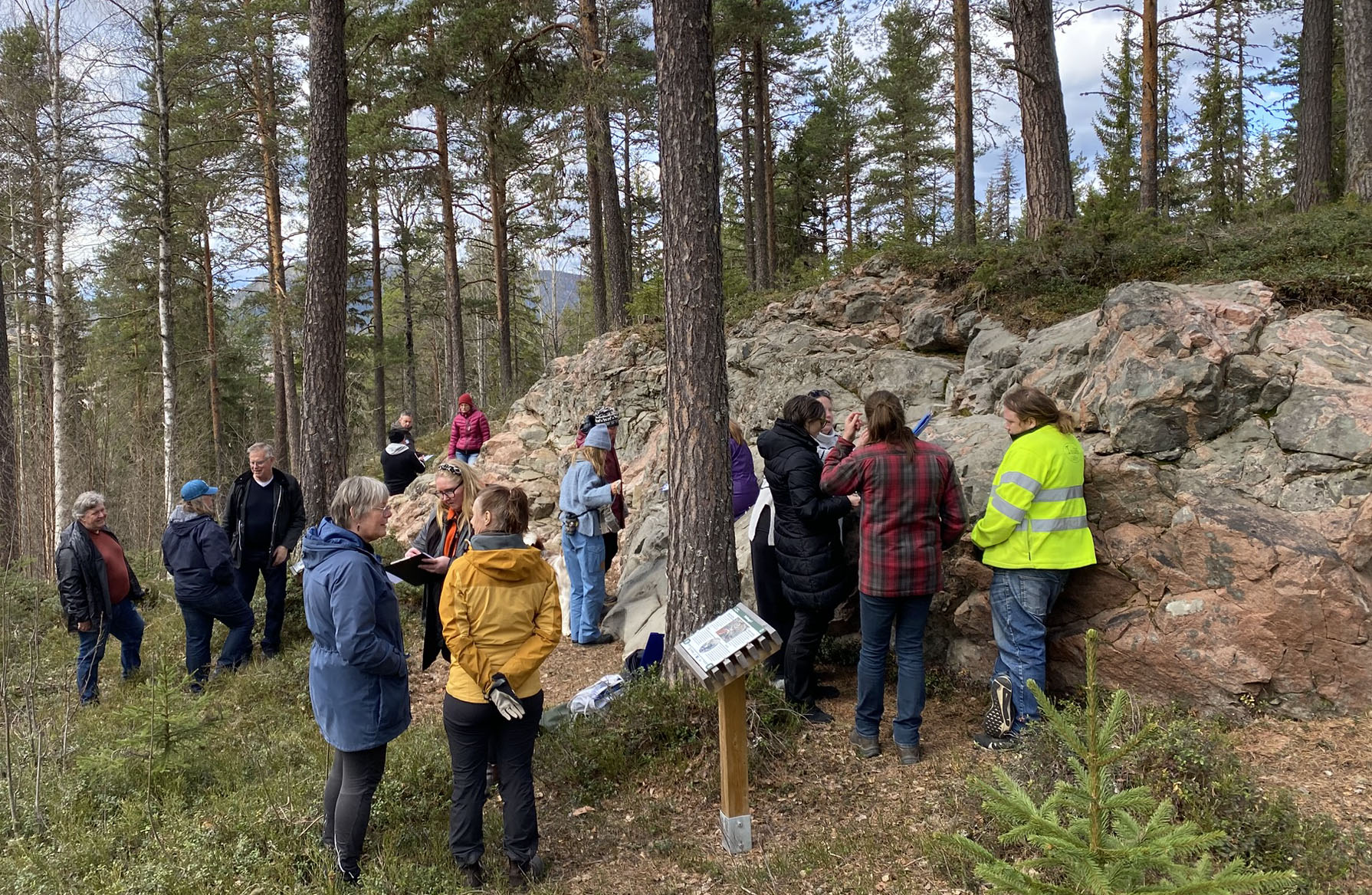 Kursdeltagare står framför berg i dagen som visar hur en magmakammare ser ut.