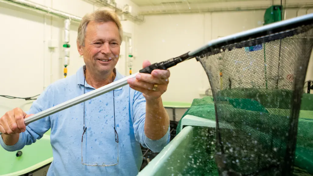 A man with a fishing net indoors. Photo.