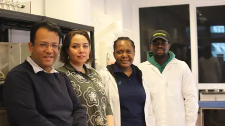 Associate Prof. Dr Kartik Baruah, Associate Prof. Dr Parisa Norouzitallab, PhD student Patience Chungu (Zambia) and PhD student Arnold Irabor (Nigeria) are working with developing more sustainable fish feed for aquaculture in Zambia and Nigeria.