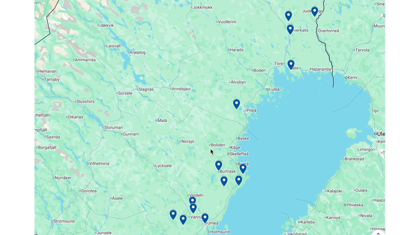 Karta över Norrbottens län och Västerbottens län med gårdar inprickade. Bild.