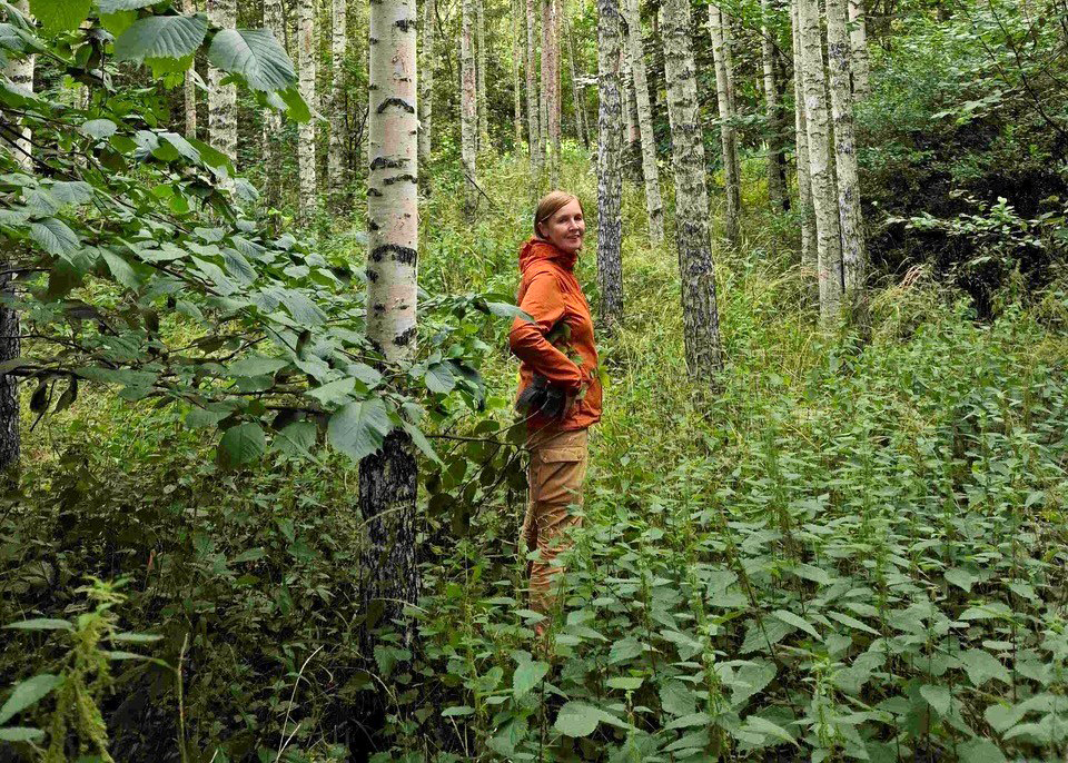 Kvinna i orange jacka i lövskog. Foto.