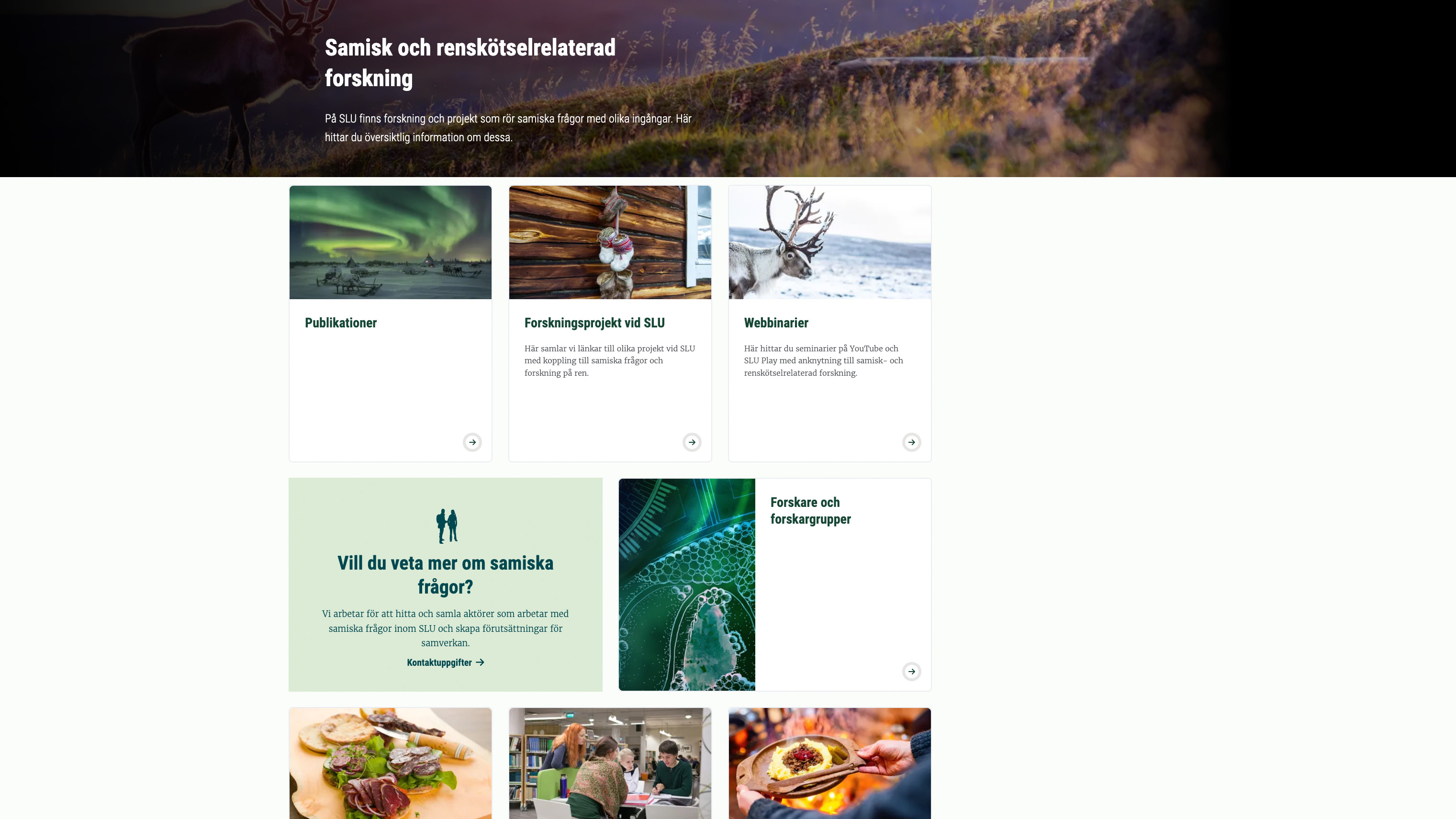 Skärmavbild på startsidan för Samisk och renskötselrelaterad forskning.