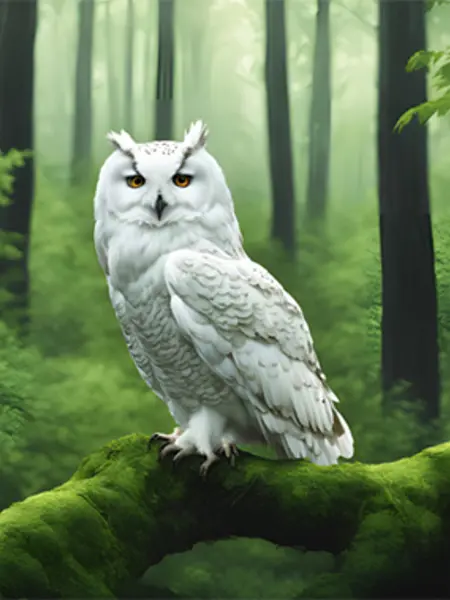 Vit uggla på en gren, AI-genrerad.