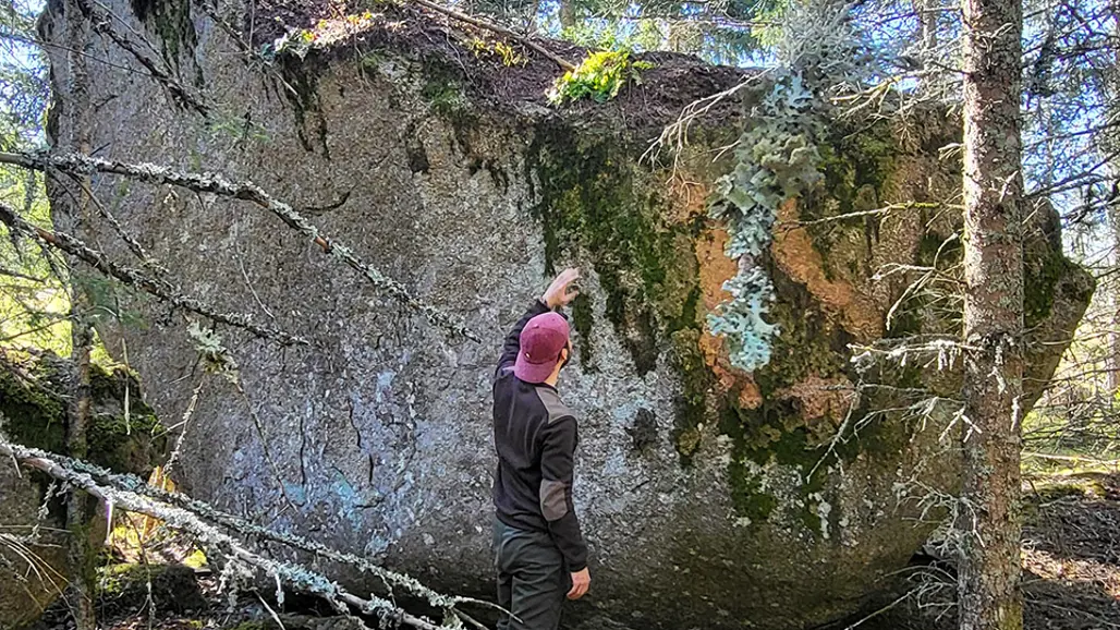 En person med röd keps och mörka kläder står i en skog och pekar på ett stort mossbeklätt klippblock. Klippblocket omges av träd och marken är täckt av grön mossa och fallna grenar. Solljus silas genom träden och skapar ett fläckigt ljusspel i scenen. Foto.