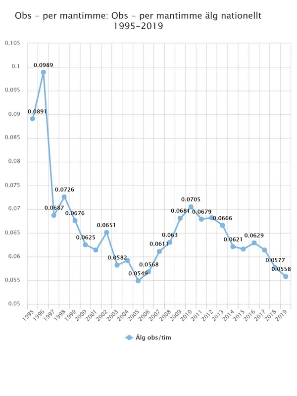 Figur över antal observationer av älg per timme. Figur