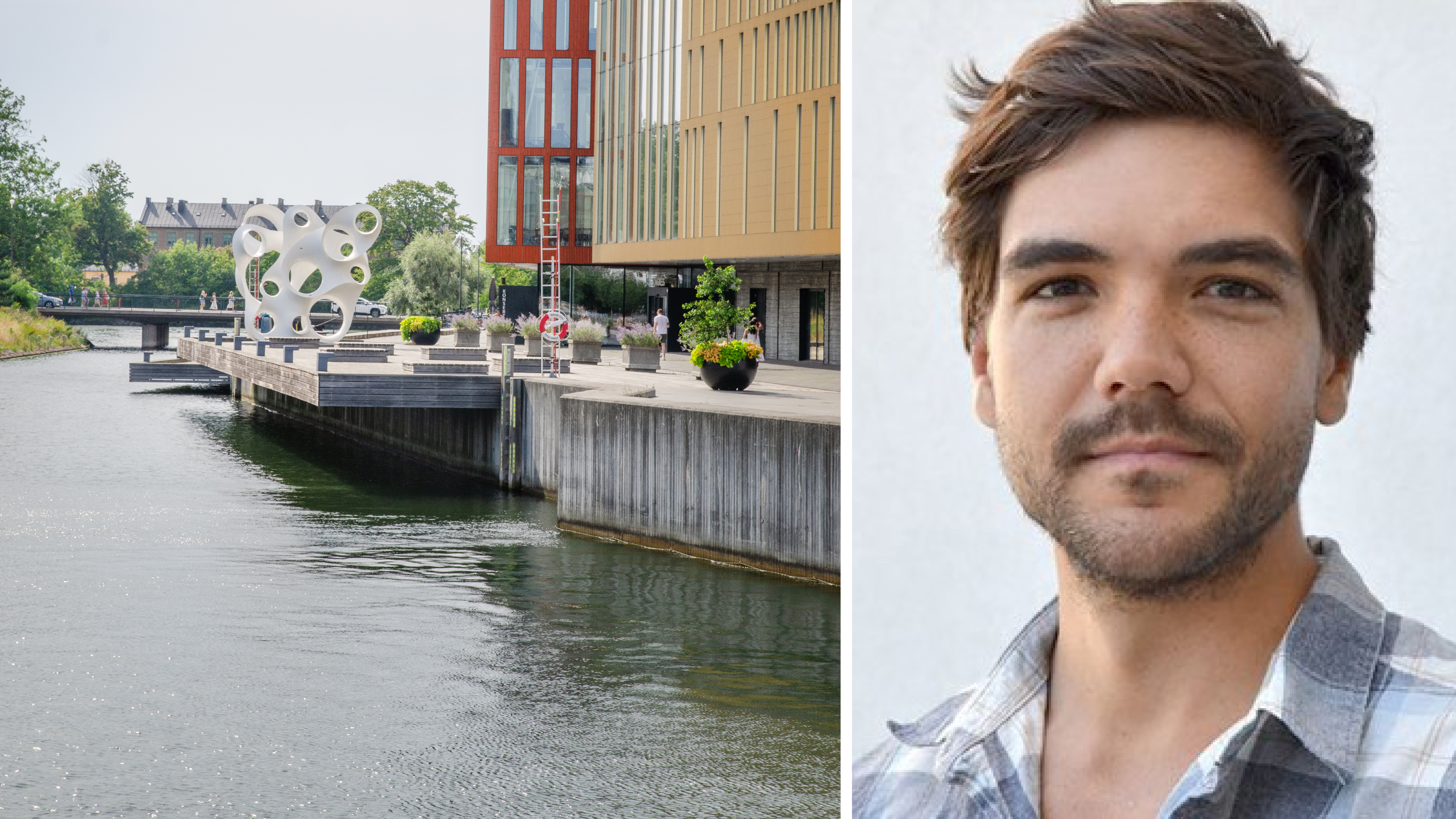 Tvådelad bild på dels kanalvatten i Malmö, dels på forskaren Daniel Valentini.