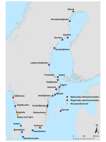 arta över Sveriges kust med markerade områden för provfiskeområden.