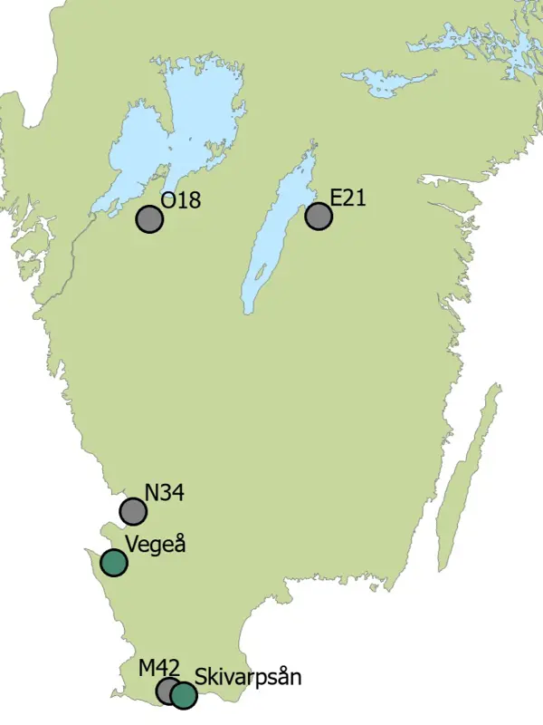 Kartan visar fyra punkter som representerar en provplats i vardera Östergötland, Västergötland, Halland och Skåne. Dessutom två åar i Skåne.