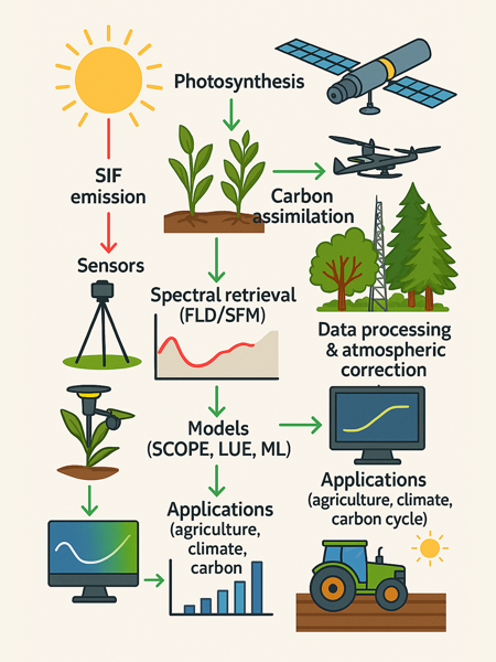 Illustration showing how solar-induced chlorophyll fluorescence (SIF) arises during photosynthesis, is detected by sensors and satellites, analysed with models, and used to estimate carbon uptake and applications in climate and agriculture.