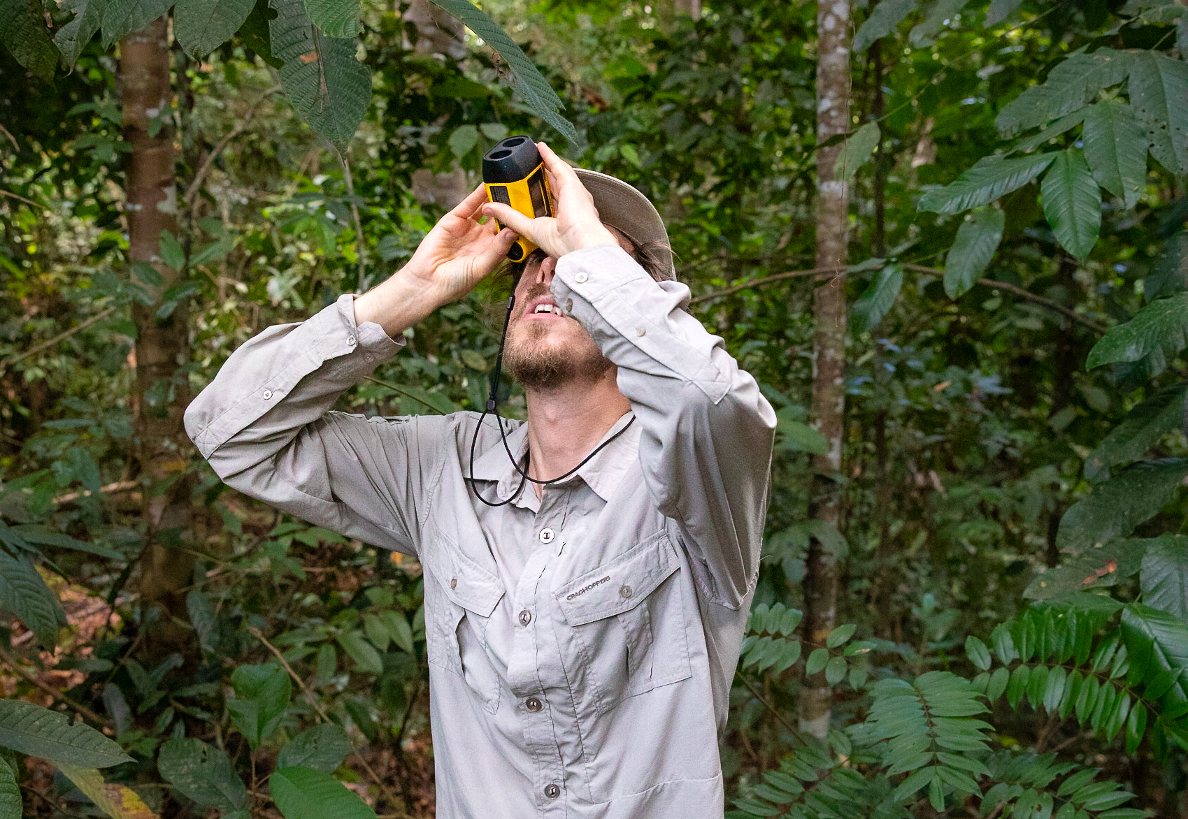 man looking in tool in the forest