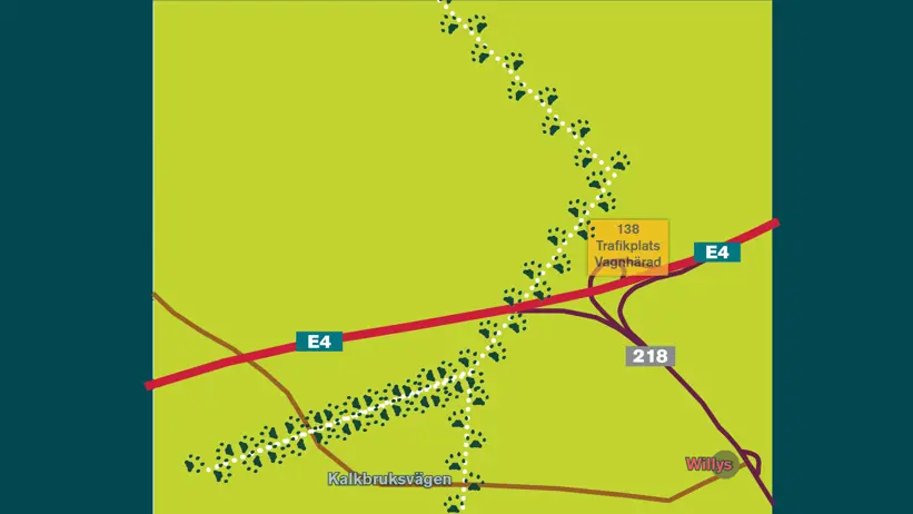 Stiliserad karta karta som visar väg E4 i rött som löper horisontellt genom bilden. Till höger finns en trafikplats markerad med en gul ruta med texten ”138 Trafikplats Vagnhärad”. Väg 218 är markerad i lila och ansluter till E4 vid trafikplatsen. Kalkbruksvägen är markerad längre ned till vänster. Willys är markerat längst ned till höger. Lodjuret Tovas rörelser är markerade med vita prickar och tassmönster i mörkgrönt. Illustration.